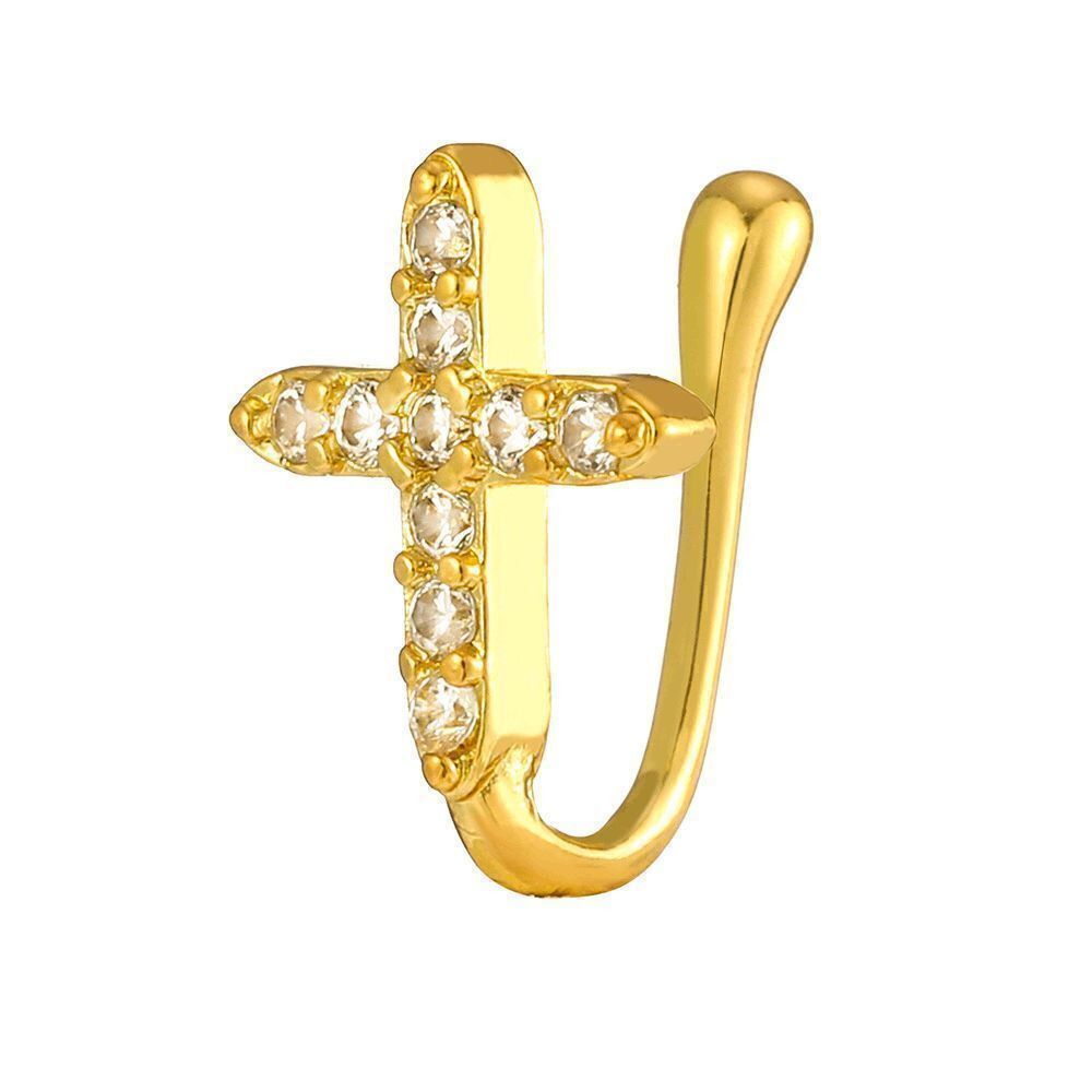 GOLD DIAMOND CROSS NOSE RING CUFF
